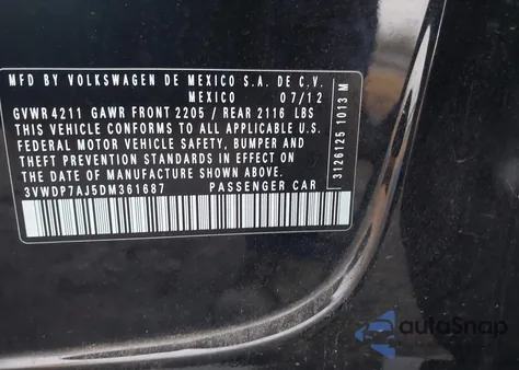 2013 Volkswagen Jetta Se z USA, uszkodzony, nr VIN 3VWDP7AJ5DM361687